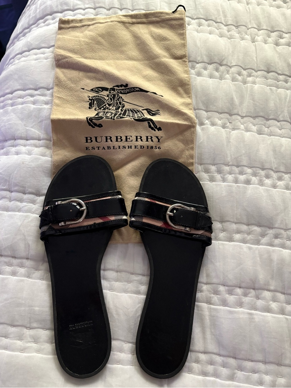 Burberry Black Leather Slide Sandals with Signature Check Accent - Authentic - Picture 2 of 7